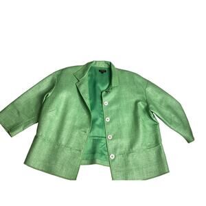 Worth Green Blazer Button Front Women’s Size M Nylon Blend Woven Cinch Waist 3/4